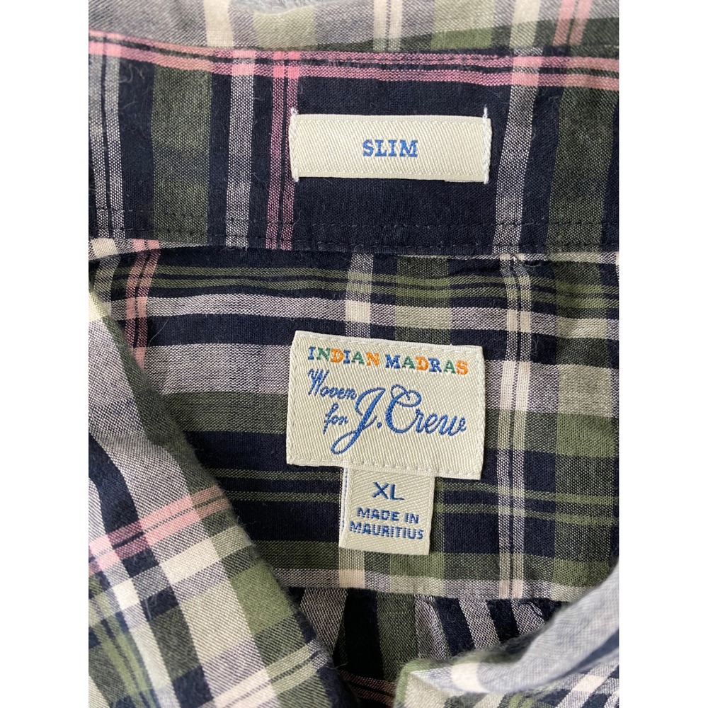 J.Crew Mens XL Slim Fit Indian Madras Plaid Button Down Shirt Navy Green Pink - Picture 2 of 12